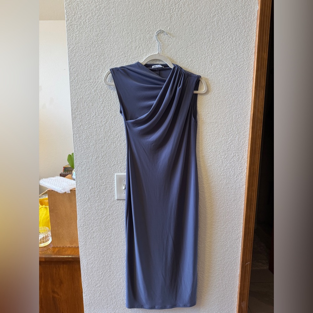Zara Sleeveless Draped Maxi Dress in Slate Blue